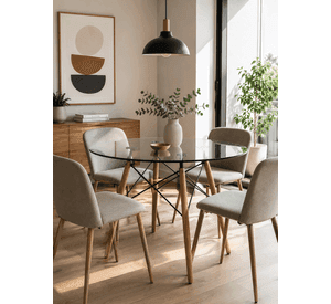 Mesa de Comedor Redonda Eames 80 cm Vidrio Templado 10 mm y Base de Haya Alemana