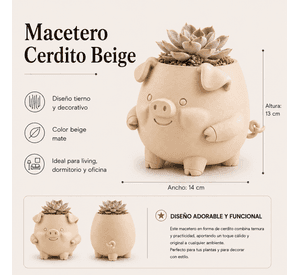 Macetero Decorativo Hogar- Forma Cerdito 13 cm Beige