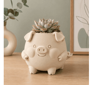Macetero Decorativo Hogar- Forma Cerdito 13 cm Beige