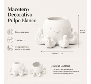 Macetero Decorativo Hogar- Forma Pulpo 22 cm Blanco