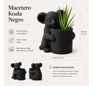 Macetero Decorativo Hogar- Forma Koala 17 cm Negro