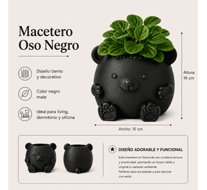 Macetero Decorativo Hogar- Forma Osito 16 cm Negro