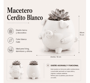Macetero Decorativo Hogar- Forma Cerdito 13 cm Blanco