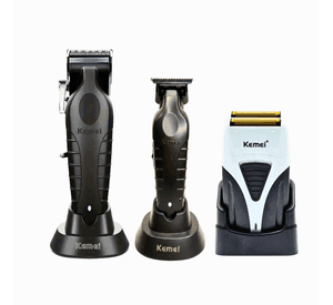 Combo Kemei Cortapelo KM 2296 Trimmer KM 2299 Shaver KM 3383 con Base de Carga