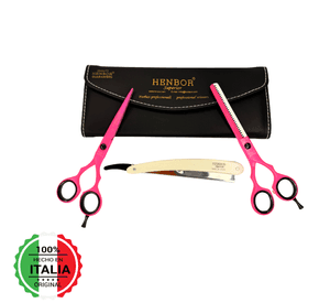 Kit Tijeras Peluquer a Henbor 6 Microdentada Y Esculpidora Con Estuche Rosa
