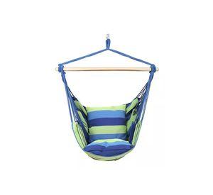 Columpio colgante azul y verde con dos almohadas para jardín