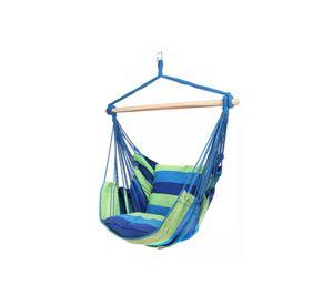 Columpio colgante azul y verde con dos almohadas para jardín