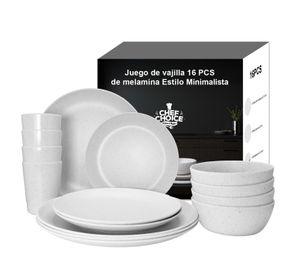 Set 16 Pcs Juego De Vajilla Completo Melamina Blanco Tiza Estilo Minimalista