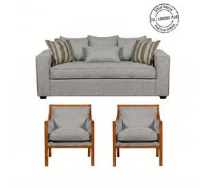 Living 311 Europa Gris claro sofa 3 cuerpos con resortes + 2 sitiales de madera