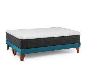 Cama Europea New Top Colchon Resortes 23 Cm 2 Plazas Tela Velvet Azul Petroleo + Maderas Atlas