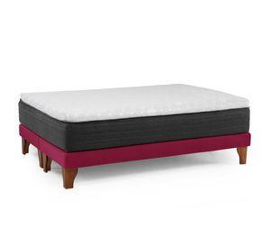 Cama Europea New Top Colchon Resortes 23 Cm 2 Plazas Tela Velvet Burdeo + Maderas Orion