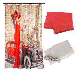 Set  Cortina Baño Paris Rouge +  Juego de Toallas Rojo