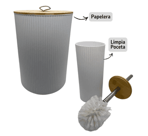 Juego Accesorios Set De Baño 6 Piezas Bambú Cepillo WC Blanco + Cortina De Obsequio