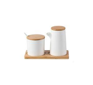 Set 2 Condimenteros Cerámica Blanca Tapa Bambú Bandeja Cocina