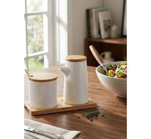 Set 2 Condimenteros Cerámica Blanca Tapa Bambú Bandeja Cocina