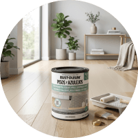 Pintura para pisos y azulejos Rust-Oleum en un ambiente moderno con piso de madera y decoración minimalista.