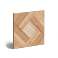 Baldosa con diseño geométrico en tonos madera clara y oscura.