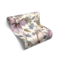 Rollo de papel tapiz con diseño floral en tonos pastel.