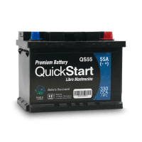 Batería automotriz QuickStart modelo QS55 con capacidad de 55 amperios-hora.