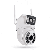 Cámara de seguridad blanca con visión nocturna y antenas Wi-Fi.