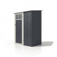 Caseta de almacenamiento vertical con paneles gris oscuro y puerta blanca.