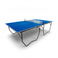 Mesa de ping pong azul con estructura metálica plegable.