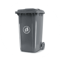 Contenedor de basura gris con ruedas y símbolo de reciclaje en el frente.