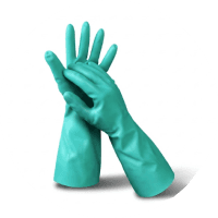 Guantes de látex verdes, diseño largo, colocados uno sobre otro.