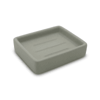 Jabonera rectangular de cerámica gris con bordes elevados.