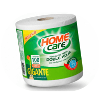 Rollo de papel higiénico Home Care doble hoja, tamaño gigante, con etiqueta que indica 100 hojas por rollo.