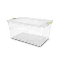 Caja de almacenamiento transparente con tapa y asas verdes.