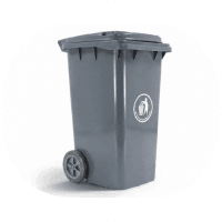 Contenedor de basura gris con ruedas y tapa.