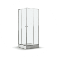Cabina de ducha de vidrio con marco metálico y puertas correderas.