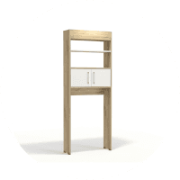 Estantería alta de madera con dos estantes abiertos y un gabinete blanco con puertas.