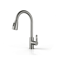 Grifo de cocina de acero inoxidable con diseño curvo y cabezal extraíble.