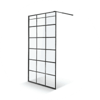 Panel divisorio de vidrio con marco negro y diseño de cuadrícula.