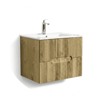 Mueble de baño flotante de madera con lavabo blanco y grifo metálico.