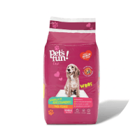 Bolsa de alimento para perros marca Pets Fun, con diseño rosa y foto de un perro en el frente.