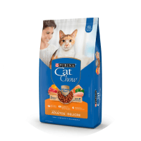 Bolsa de alimento para gatos Purina Cat Chow sabor salmón y pollo, con imagen de un gato y una persona sonriente en el fondo.