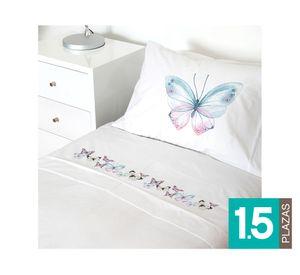 Juego de sábanas 1.5 plazas 200 hilos Mariposas rosadas blanco