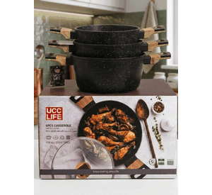 Batería De Cocina 6 Pcs Ollas Cacerolas Para Todo Tipo De Cocina Diseño Granito Y Madera