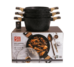 Batería De Cocina 6 Pcs Ollas Cacerolas Para Todo Tipo De Cocina Diseño Granito Y Madera
