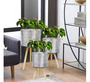 Set De 3 Maceteros Mimbre Sintético Plata Jardín Plantas Jhn