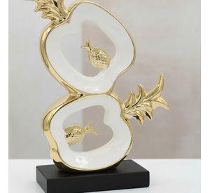 Figura Decorativa Diseños Piña/manzana Cerámica Dorado Y Esmalte Blanco