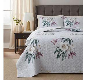 Cubrecama Quilt Sherpa 2pl Verde Y Rosado Suave Floral Elegante Y Romántico