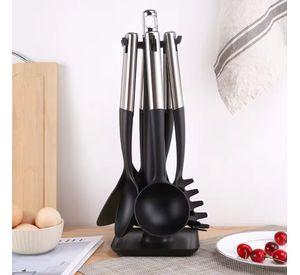 Set Utensilios 7 Piezas Cocina Mango Acero Inoxidable Plata