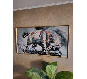 Cuadro Toro, Pintura Estilo Diamante, Marco Dorado60x110 Cm