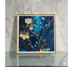 Cuadro Azul con Flores Doradas Minimalista 60x60cm
