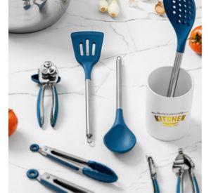 Espátula Ranurada Silicona Mango Acero Azul FTA