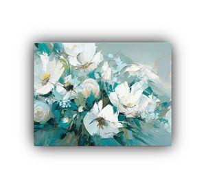 Pintura Acuarela Relieve Flores Blanco Y Teal 75x50cm